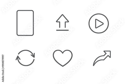 Set of six short video and reels UI icons in line style. Editable stroke vector collection designed for UI, mobile apps, engagement tools and digital media design.