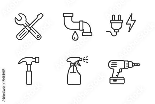 Handyman line icon set with six editable stroke vector symbols. Clean outline style for maintenance services, home repair websites, dashboards and service apps.