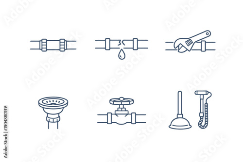Set of six plumbing and water system icons in line style. Editable stroke vector collection designed for UI, home repair, maintenance services and service platforms.