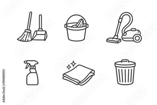 Set of six cleaning and housekeeping icons in line style. Editable stroke vector collection designed for UI, janitorial services, maintenance platforms and service websites.