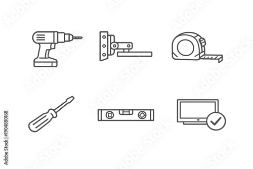 Installation line icon set with six editable stroke vector symbols. Clean outline style for installation services, home improvement websites, dashboards and service apps.