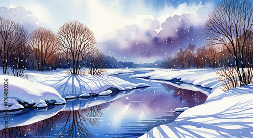 Winter's Embrace A Serene Watercolor Landscape of a Snow-Covered River and Trees Under a Cloudy Sky