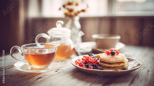 Wallpaper Mural Warm breakfast with tea, pancakes, berries on wooden table Torontodigital.ca
