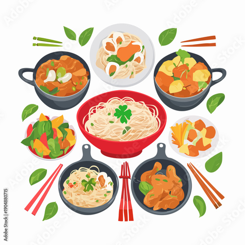 A vibrant flat showcases a delightful assortment of Asian cuisine dishes presented in various bowls and pans with chopsticks and fresh green leaves scattered around the composition