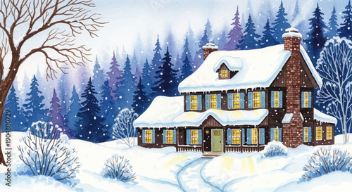 Cozy Watercolor Winter Scene of a Snow-Covered House with Warm Lights and Snowy Forest