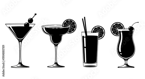 Set of stylish cocktails with fruit garnishes and straws