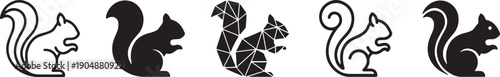A collection of five black and white squirrel illustrations presented in a neat horizontal row Vector