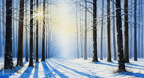 Sunrise watercolor painting of a snowy forest with tall trees casting long shadows on the path