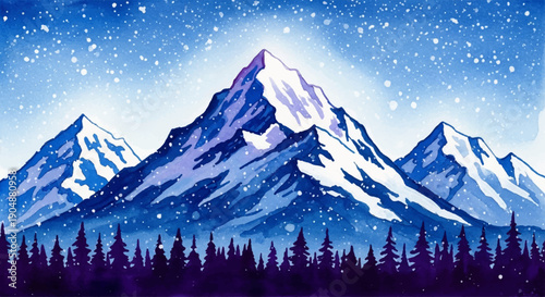 Majestic Snow Capped Mountains Under a Starry Watercolor Sky