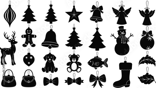 Christmas ornament silhouette icons set with tree baubles, reindeer, snowman, gingerbread man, and holiday decorations isolated on white background for winter festive design