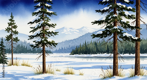 Serene winter watercolor landscape with snow-covered trees and a frozen lake