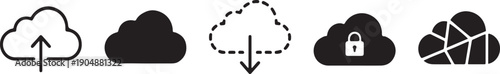 A collection of cloud storage icons representing various data operations and security features.