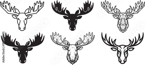 Six stylized black and white illustrations of moose heads, suitable for logos or icons