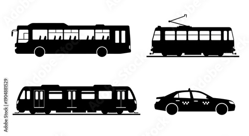 Public transportation vehicles silhouettes collection