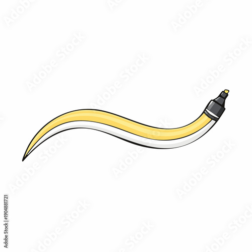 A dynamic, flowing yellow and white wavy shape with a dark outline and a marker tip, representing a creative stroke or artistic flourish on a white background