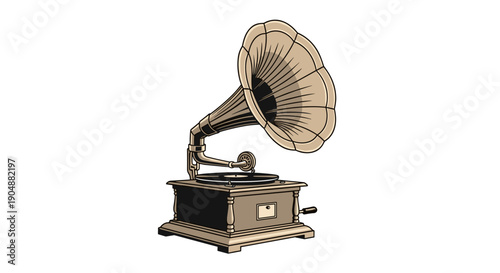 Vintage Gramophone with Metal Horn and Turntable.