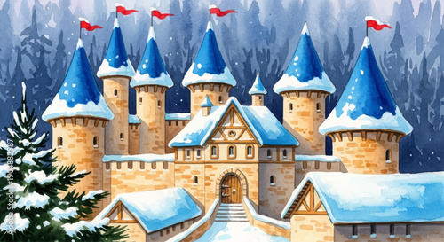 Enchanting Watercolor Castle in a Winter Wonderland Scene with Snow-Covered Towers and Snowy Trees