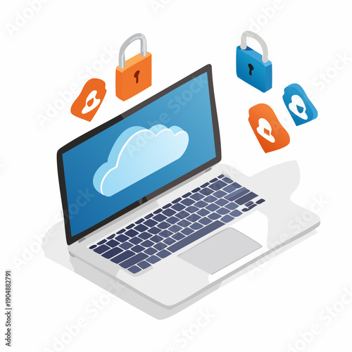 Laptop with cloud and security locks symbolizing cloud computing, data storage, and secure online access for digital information and personal data protection