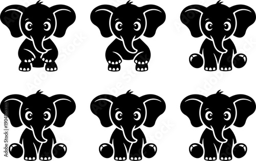 Cute Baby Elephant Silhouette Bundle – Playful Cartoon Elephant Black Vector SVG Set