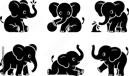 Cute Baby Elephant Silhouette Bundle – Playful Cartoon Elephant Black Vector SVG Set