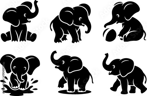 Cute Baby Elephant Silhouette Bundle – Playful Cartoon Elephant Black Vector SVG Set