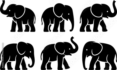 Cute Baby Elephant Silhouette Bundle – Playful Cartoon Elephant Black Vector SVG Set