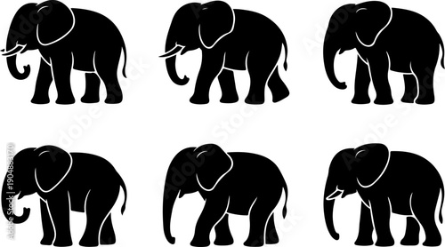 Cute Baby Elephant Silhouette Bundle – Playful Cartoon Elephant Black Vector SVG Set