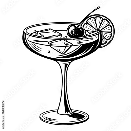 A classic cocktail with a cherry and lemon garnish in an elegant glass.