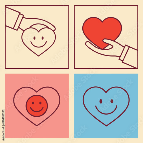 A set of four illustrated panels depicting the themes of giving, sharing, and receiving hearts and positive emotions.