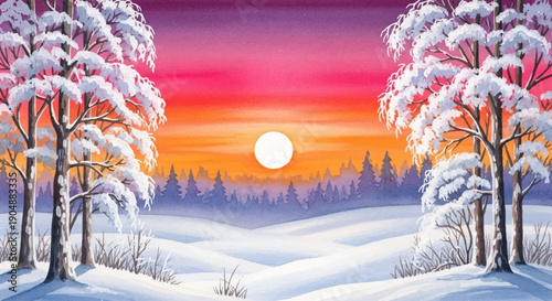 Winter Sunset Over Snow-Covered Trees in a Watercolor Landscape