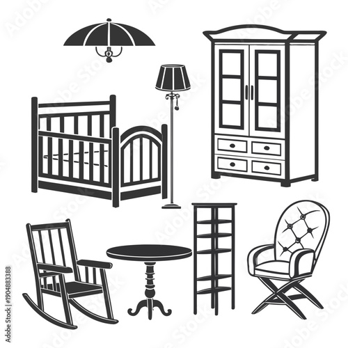 A variety of wooden furniture pieces including a crib, rocking chair, and more