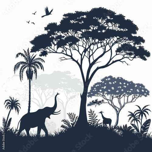 A serene scene of a giraffe and zebra grazing in an african savannah landscape