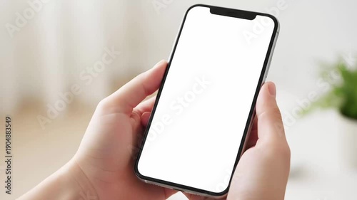 Hand holding mobile smartphone with blank white screen mockup in modern living room interior background for app design presentation and website display copy space for branding ads.
