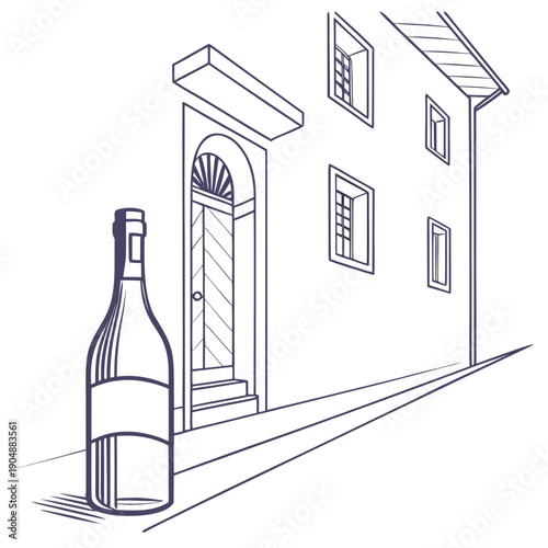 A large bottle of wine stands next to a house with a white picket fence.