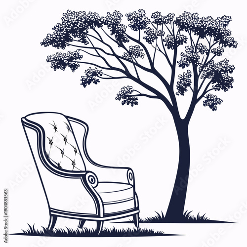A vintage rocking chair sits under the shade of a large, leafy tree.