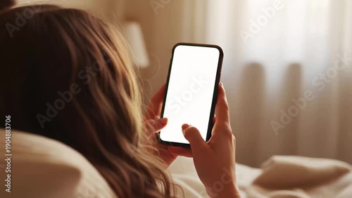 Hand holding mobile smartphone with blank white screen mockup while lying in bed in cozy bedroom interior background for app design website display copy space branding marketing
