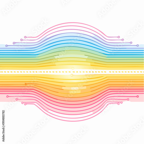 Abstract digital with flowing rainbow colored lines forming a symmetrical wave pattern with subtle dotted lines and circuit board connectors on a white background