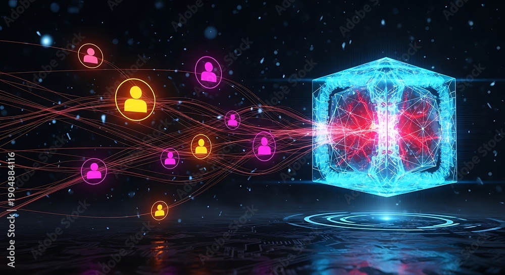 Obraz premium Glowing blue cube with network connections to people pink orange