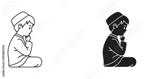 Boy Praying in Meditation Pose, Simple Line Art Illustration
