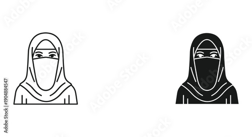 Woman Wearing Niqab Face Veil Illustration in Black and White