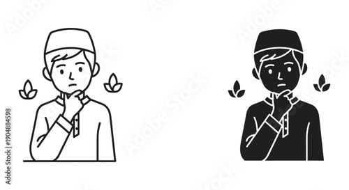 Illustration of man in cap praying with leaves around, black and white style