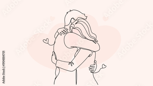 Loving couple hug, romantic line art illustration