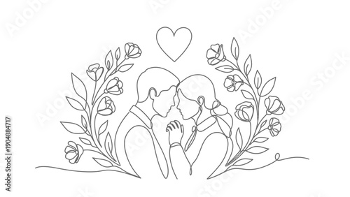 couple kissing with flowers and heart