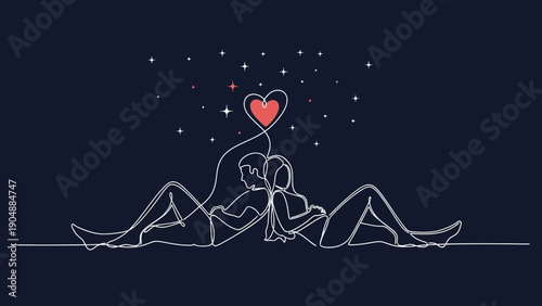 loving couple kissing under starry night sky with heart