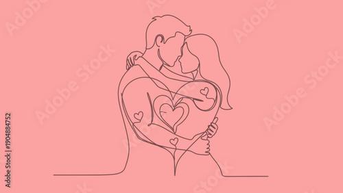 Loving couple hug heart line art