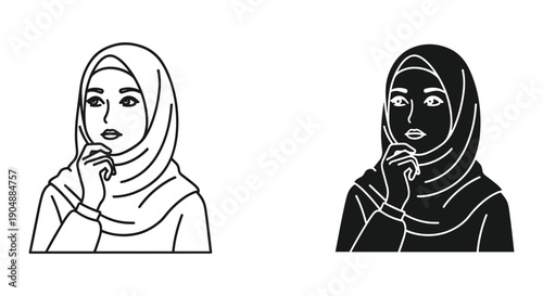 Muslim woman in hijab thinking deeply, outlined and shaded illustration, white and black background