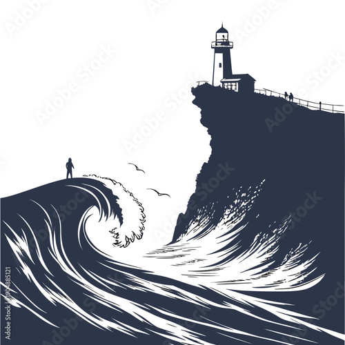 A lone figure stands on the shore as a massive wave approaches a lighthouse