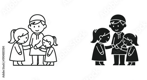 Mother and Daughters Hand in Hand, Simple Line Art Illustration, Family Love