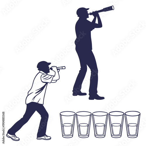 Two individuals engaged in a drinking game using a telescope and cups