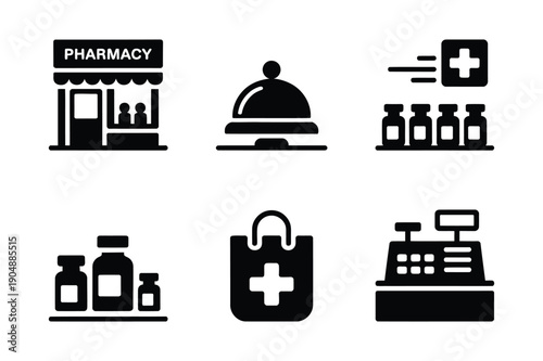 Pharmacy Icons: Shop, Medicine, Cash Register, Shopping Bag